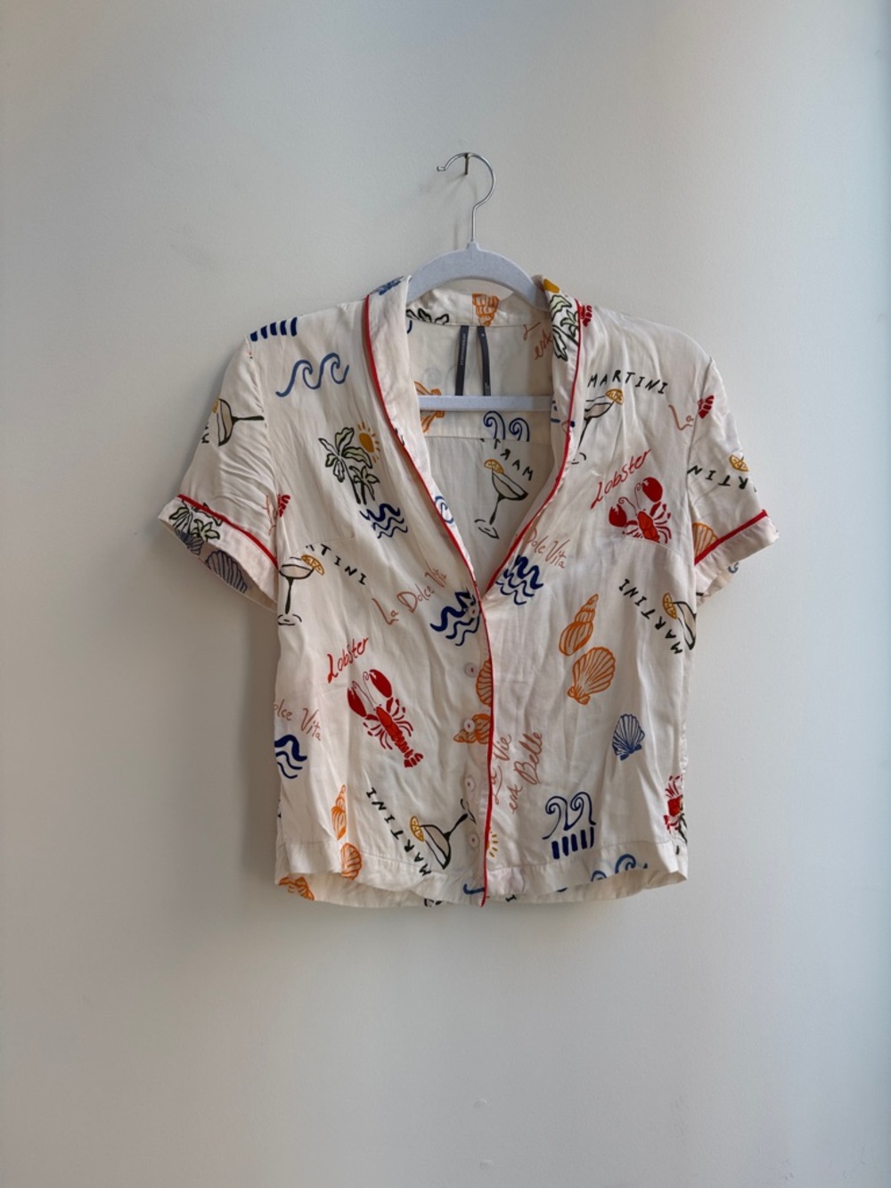 Anthropologie Cream Blouse with Orange, Navy and Olive Accents